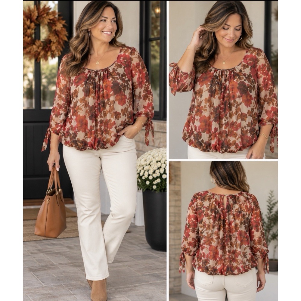 Sara Michelle Top Blouse XL/12 Pullover Bubble Hem Tie Sleeve Fall Colors Floral - Picture 2 of 11